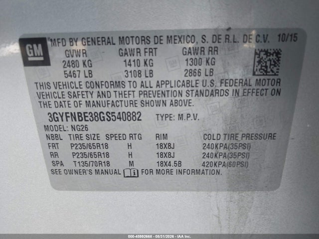45992668 :رقم المزاد ، 3GYFNBE38GS540882 vin ، 2016 Cadillac Srx Luxury Collection مزاد بيع