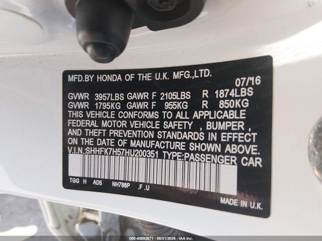 Aukcja sprzedaży 2017 Honda Civic Ex, vin: SHHFK7H57HU200351, numer aukcji: 45992671