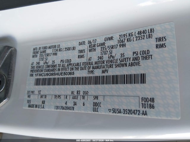 Продаж на аукціоні авто 2017 Ford Escape Se, vin: 1FMCU9G95HUE50365, номер лоту: 45992685