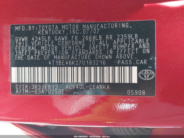 2007 Toyota Camry Le მანქანა იყიდება აუქციონზე, vin: 4T1BE46K27U183216, აუქციონის ნომერი: 45992693