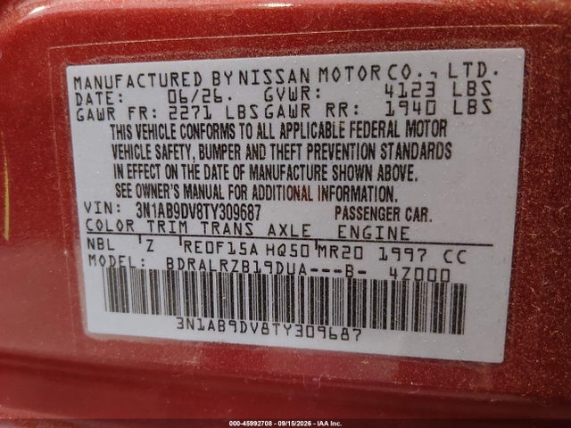 2026 Nissan Sentra Sr მანქანა იყიდება აუქციონზე, vin: 3N1AB9DV8TY309687, აუქციონის ნომერი: 45992708