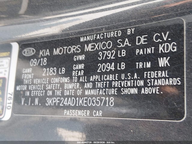 2019 Kia Forte Lxs მანქანა იყიდება აუქციონზე, vin: 3KPF24AD1KE035718, აუქციონის ნომერი: 45992729