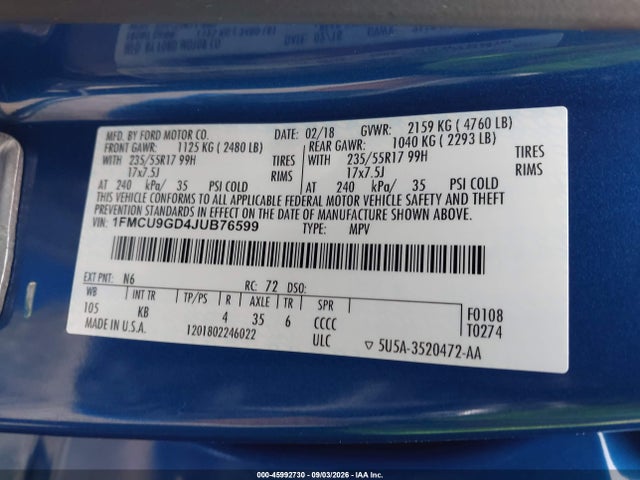 1FMCU9GD4JUB76599 Ford ESCAPE SE