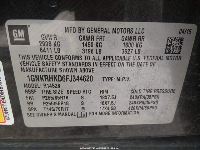 Aukcja sprzedaży 2015 Chevrolet Traverse 2lt, vin: 1GNKRHKD6FJ344620, numer aukcji: 45992740