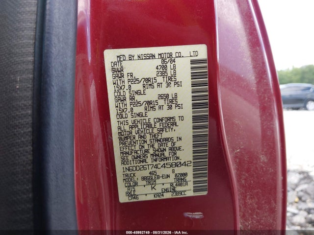 2004 Nissan Frontier Xe მანქანა იყიდება აუქციონზე, vin: 1N6DD26T74C458042, აუქციონის ნომერი: 45992749