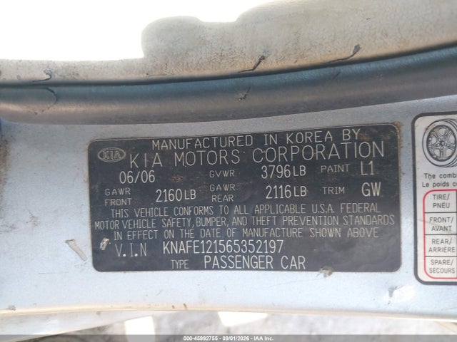 Продаж на аукціоні авто 2006 Kia Spectra Ex/lx/sx, vin: KNAFE121565352197, номер лоту: 45992755