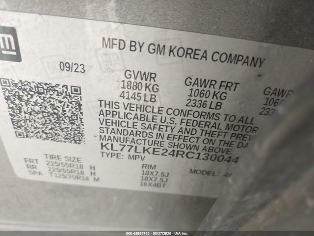 45992763 :رقم المزاد ، KL77LKE24RC130044 vin ، 2024 Chevrolet Trax Fwd Activ مزاد بيع
