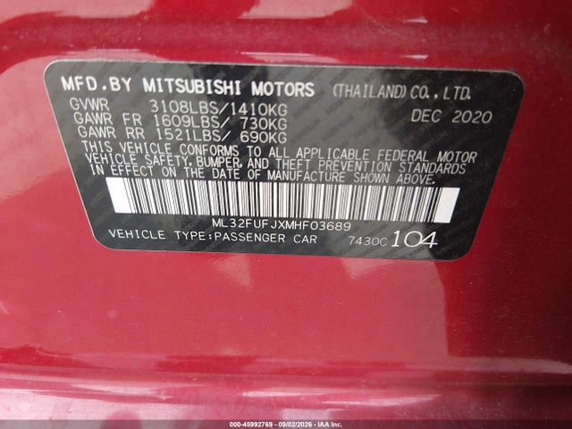 Aukcja sprzedaży 2021 Mitsubishi Mirage G4 Carbonite Edition/es/le, vin: ML32FUFJXMHF03689, numer aukcji: 45992769