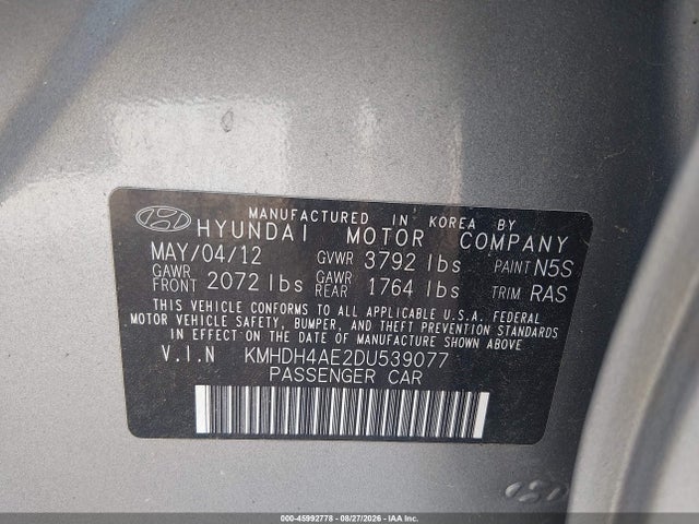 2013 Hyundai Elantra Gls მანქანა იყიდება აუქციონზე, vin: KMHDH4AE2DU539077, აუქციონის ნომერი: 45992778