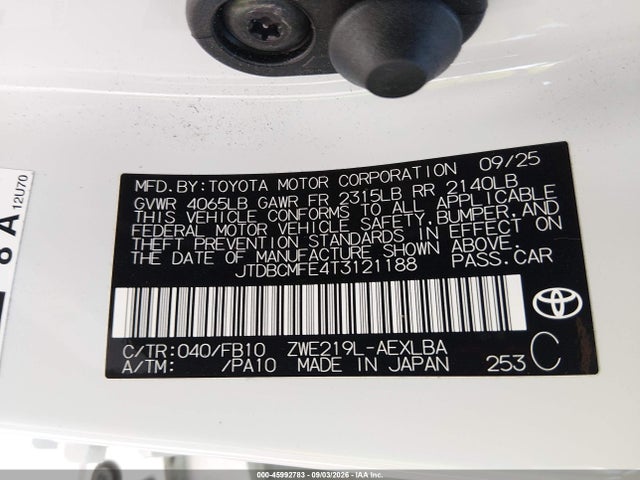JTDBCMFE4T3121188 Toyota Corolla Hybrid Hybrid Le