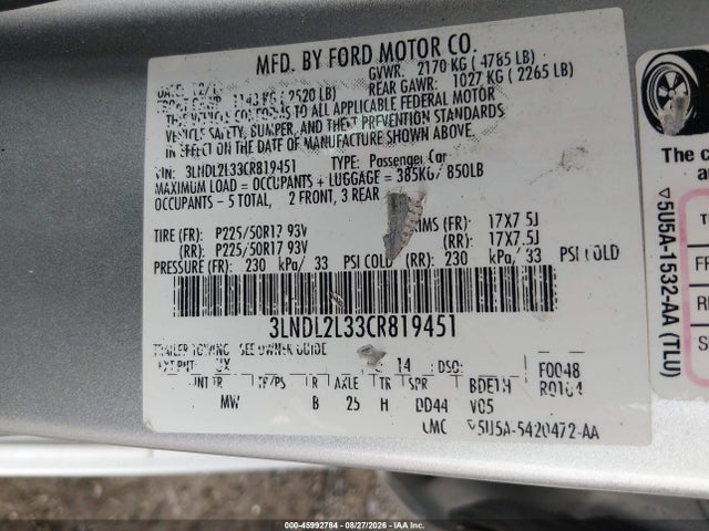 Продаж на аукціоні авто 2012 Lincoln Mkz Hybrid, vin: 3LNDL2L33CR819451, номер лоту: 45992784