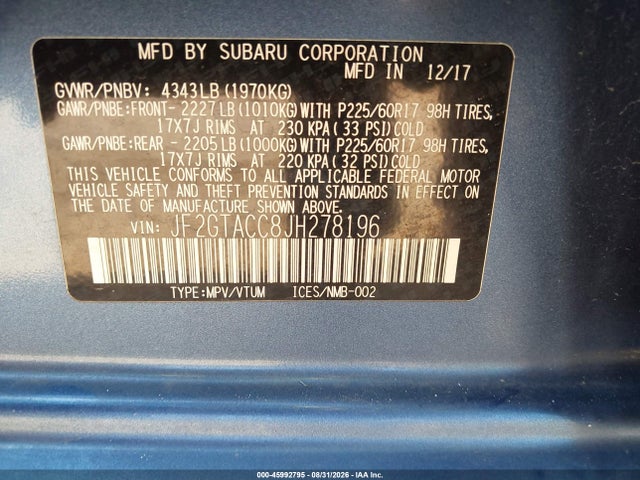 Продаж на аукціоні авто 2018 Subaru Crosstrek 2.0i Premium, vin: JF2GTACC8JH278196, номер лоту: 45992795