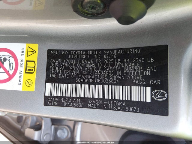 Aukcja sprzedaży 2016 Lexus Es 350, vin: 58ABK1GG1GU035634, numer aukcji: 45992803