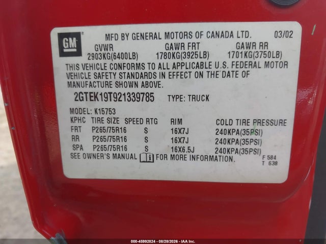 Продаж на аукціоні авто 2002 Gmc Sierra 1500 Sle, vin: 2GTEK19T921339785, номер лоту: 45992824