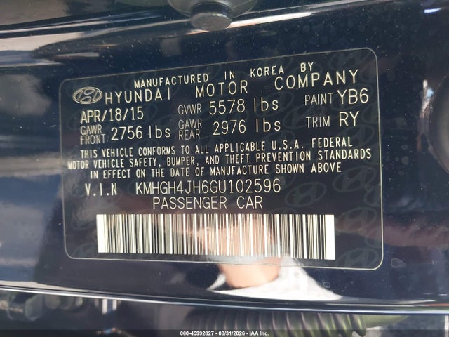 Aukcja sprzedaży 2016 Hyundai Equus Signature, vin: KMHGH4JH6GU102596, numer aukcji: 45992827