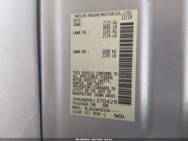 Nissan Maxima Sl Xtronic Cvt 2020 1N4AA6DV9LC370429 Image 9