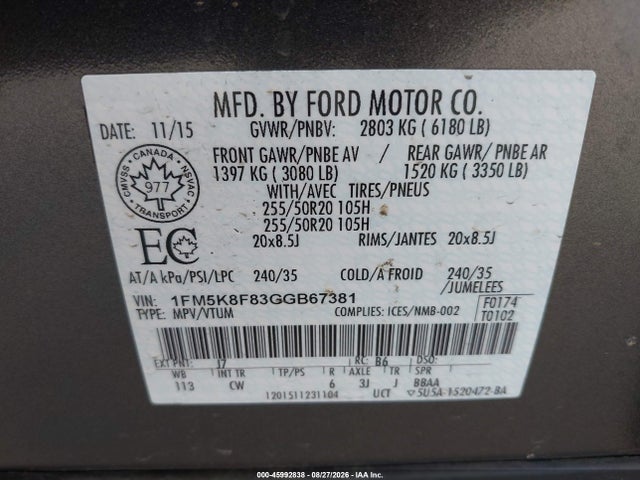 Aukcja sprzedaży 2016 Ford Explorer Limited, vin: 1FM5K8F83GGB67381, numer aukcji: 45992838