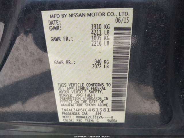 Nissan Altima 2.5 S 2015 1N4AL3AP6FC461581 Image 9