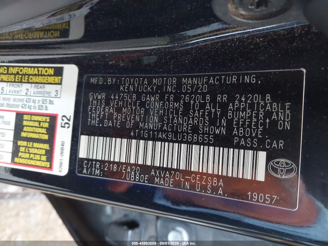 2020 Toyota Camry Se მანქანა იყიდება აუქციონზე, vin: 4T1G11AK9LU368655, აუქციონის ნომერი: 45992859