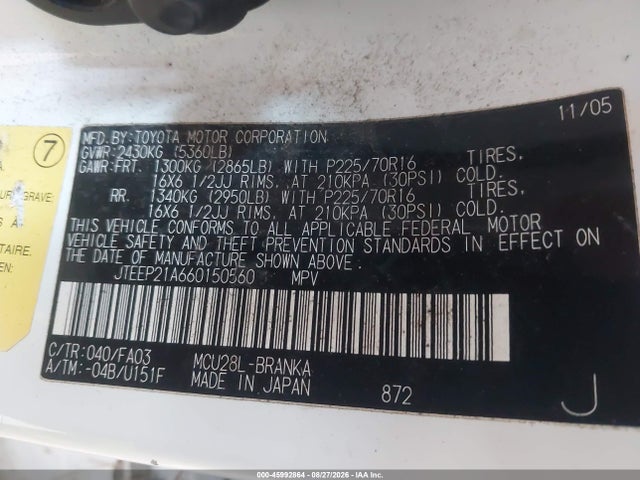 45992864 :رقم المزاد ، JTEEP21A660150560 vin ، 2006 Toyota Highlander V6 مزاد بيع
