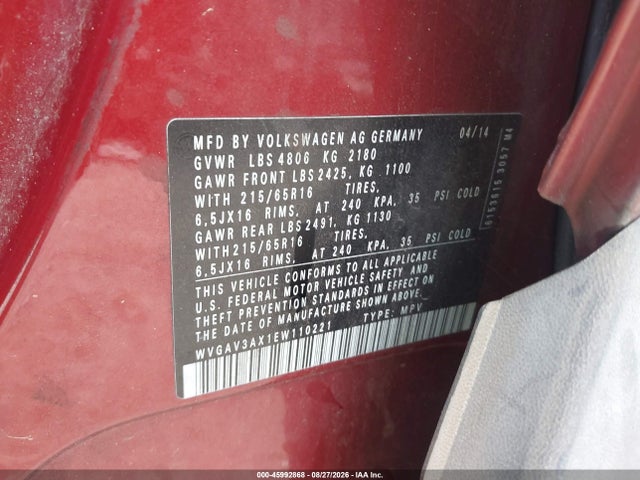 45992868 :رقم المزاد ، WVGAV3AX1EW110221 vin ، 2014 Volkswagen Tiguan S مزاد بيع