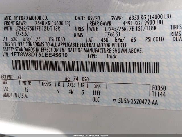 2020 Ford F-350 Xl მანქანა იყიდება აუქციონზე, vin: 1FT8W3DT5LEE45610, აუქციონის ნომერი: 45992870