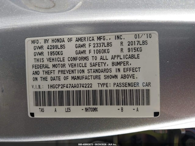 Aukcja sprzedaży 2010 Honda Accord 2.4 Lx-p, vin: 1HGCP2F47AA074222, numer aukcji: 45992873