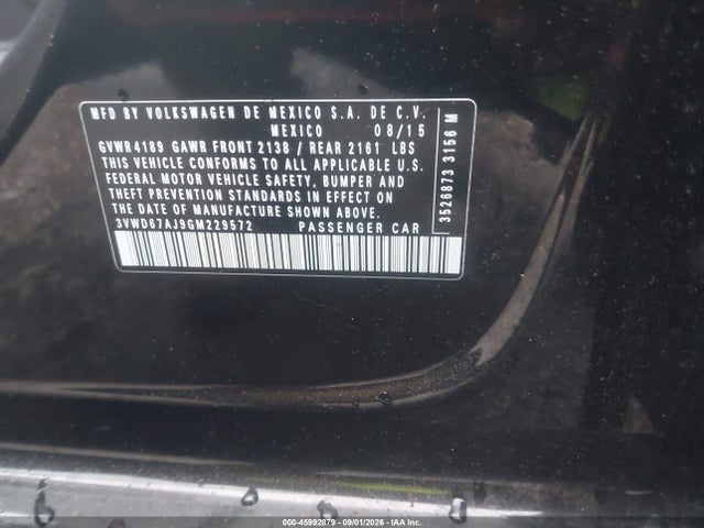 2016 Volkswagen Jetta 1.4t Se მანქანა იყიდება აუქციონზე, vin: 3VWD67AJ9GM229572, აუქციონის ნომერი: 45992879