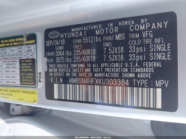 Aukcja sprzedaży 2019 Hyundai Santa Fe Xl Se, vin: KM8SN4HFXKU303384, numer aukcji: 45992880
