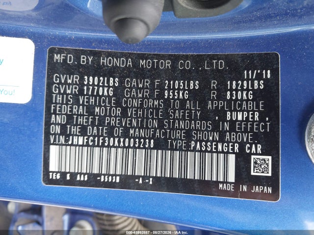 Aukcja sprzedaży 2019 Honda Civic Ex, vin: JHMFC1F30KX003238, numer aukcji: 45992887
