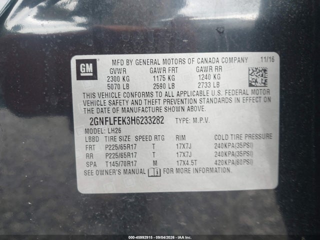 45992915 :رقم المزاد ، 2GNFLFEK3H6233282 vin ، 2017 Chevrolet Equinox Lt مزاد بيع