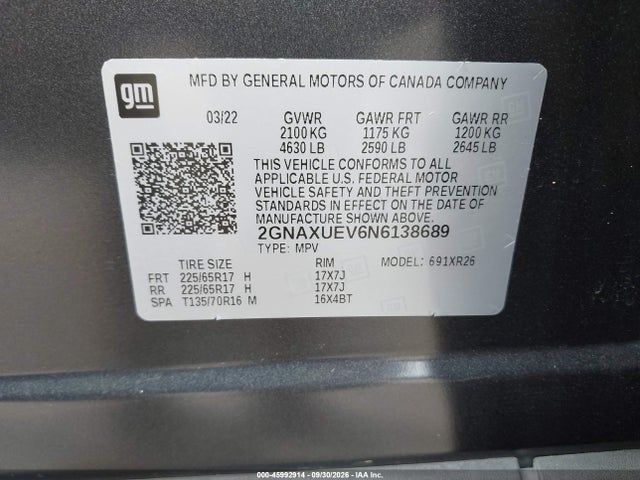 45992914 :رقم المزاد ، 2GNAXUEV6N6138689 vin ، 2022 Chevrolet Equinox Awd Lt مزاد بيع