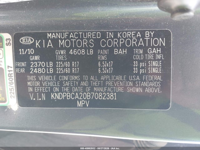 45992932 :رقم المزاد ، KNDPBCA20B7082381 vin ، 2011 Kia Sportage Lx مزاد بيع