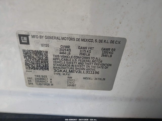 2020 Gmc Terrain Fwd Sle მანქანა იყიდება აუქციონზე, vin: 3GKALMEV3LL311196, აუქციონის ნომერი: 45992937