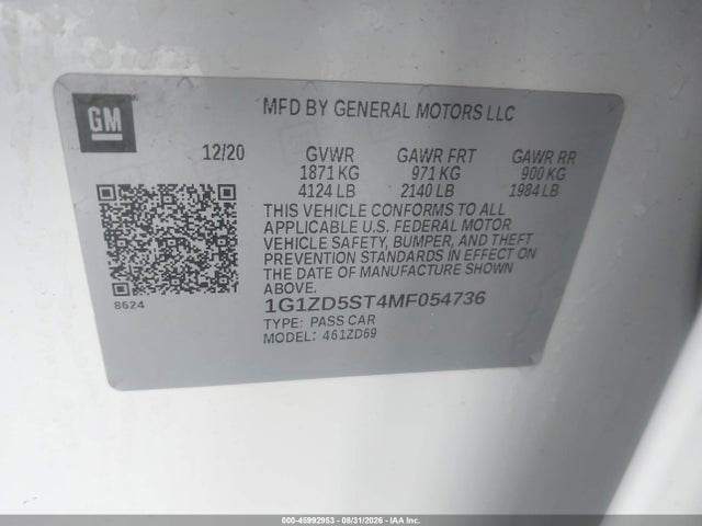 45992953 :رقم المزاد ، 1G1ZD5ST4MF054736 vin ، 2021 Chevrolet Malibu Fwd Lt مزاد بيع