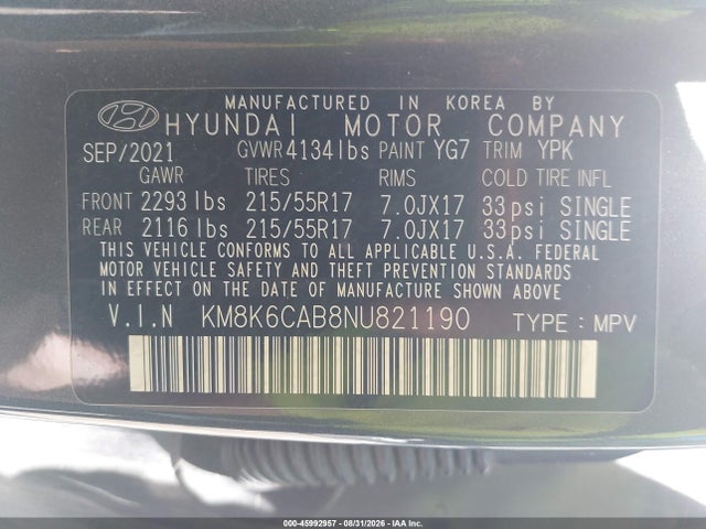 Aukcja sprzedaży 2022 Hyundai Kona Sel, vin: KM8K6CAB8NU821190, numer aukcji: 45992957