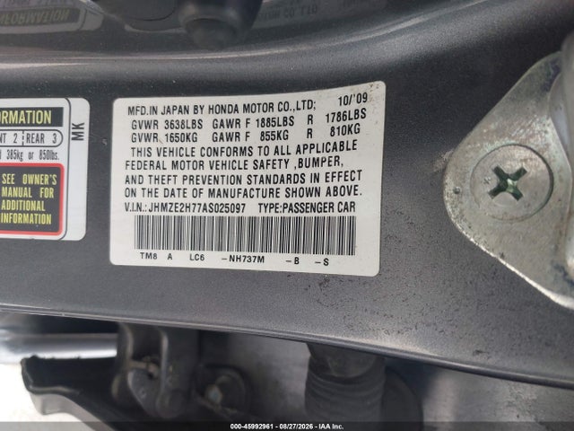 Aukcja sprzedaży 2010 Honda Insight Ex, vin: JHMZE2H77AS025097, numer aukcji: 45992961