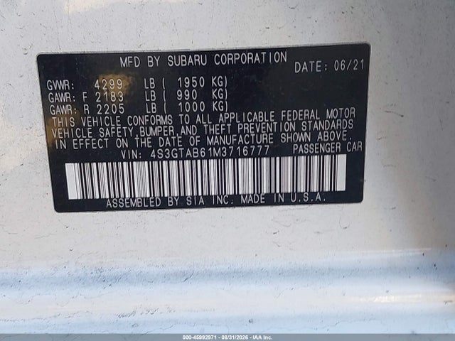 45992971 :رقم المزاد ، 4S3GTAB61M3716777 vin ، 2021 Subaru Impreza مزاد بيع