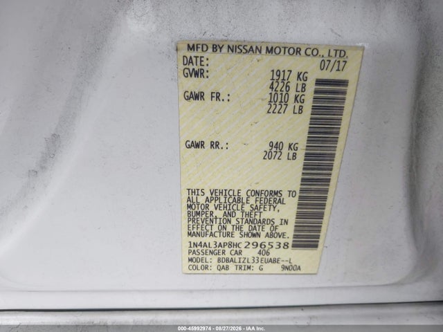 Продаж на аукціоні авто 2017 Nissan Altima 2.5 Sv, vin: 1N4AL3AP8HC296538, номер лоту: 45992974