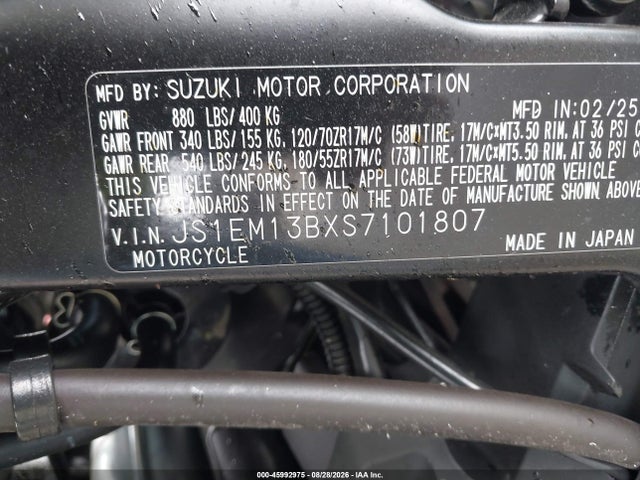 Aukcja sprzedaży 2025 Suzuki Gsx800 F, vin: JS1EM13BXS7101807, numer aukcji: 45992975