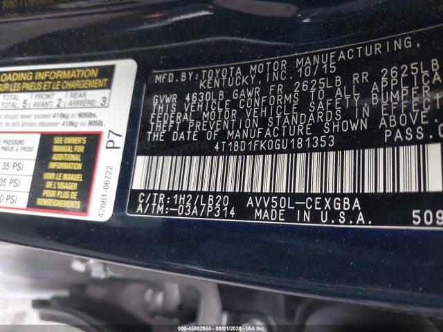 Продажа на аукционе авто 2016 Toyota Camry Hybrid Xle, vin: 4T1BD1FK0GU181353, номер лота: 45992984