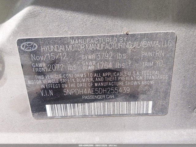 Продажа на аукционе авто 2013 Hyundai Elantra Gls, vin: 5NPDH4AE5DH255439, номер лота: 45992990