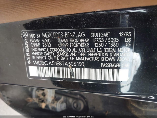 45993009 :رقم المزاد ، WDBGA51E8TA305150 vin ، 1996 Mercedes-benz S 500 مزاد بيع