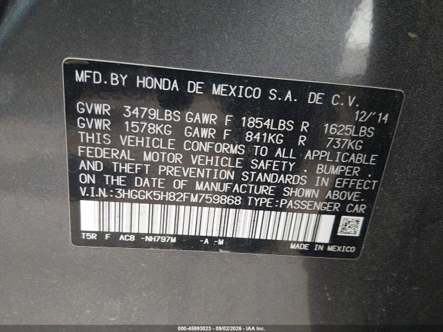 Продажа на аукционе авто 2015 Honda Fit Ex/ex-l, vin: 3HGGK5H82FM759868, номер лота: 45993023