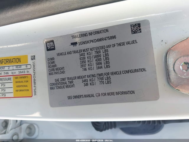 45993055 :رقم المزاد ، 1GNSKPKD4MR475896 vin ، 2021 Chevrolet Tahoe Z71 مزاد بيع