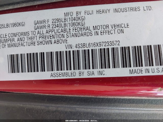 45993061 :رقم المزاد ، 4S3BL616X97233572 vin ، 2009 Subaru Legacy 2.5i مزاد بيع