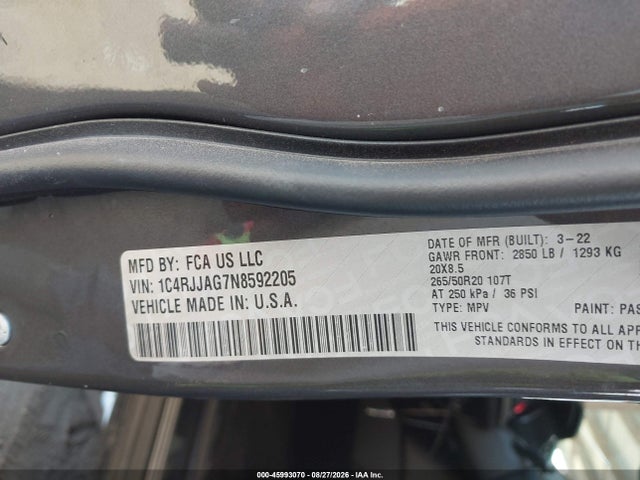 1C4RJJAG7N8592205 Jeep Grand Cherokee L Altitude 4x2