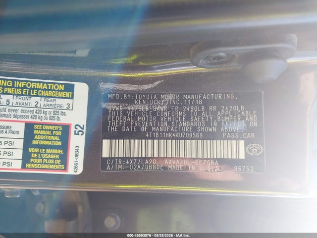 4T1B11HK4KU709569 Toyota CAMRY XLE