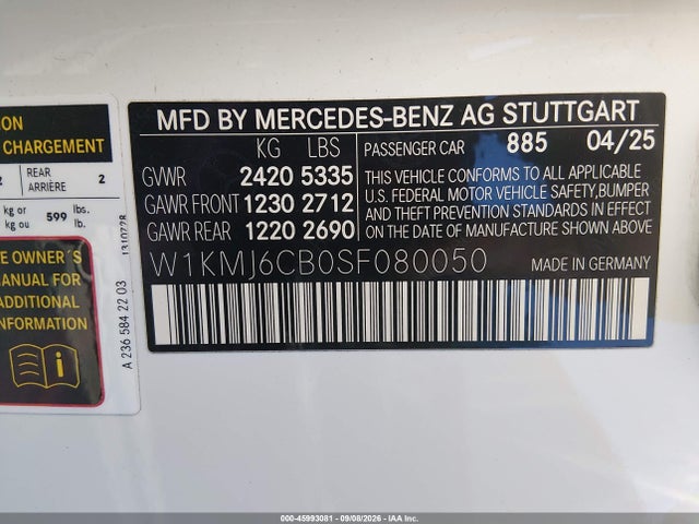 Aukcja sprzedaży 2025 Mercedes-benz Amg Cle 53, vin: W1KMJ6CB0SF080050, numer aukcji: 45993081