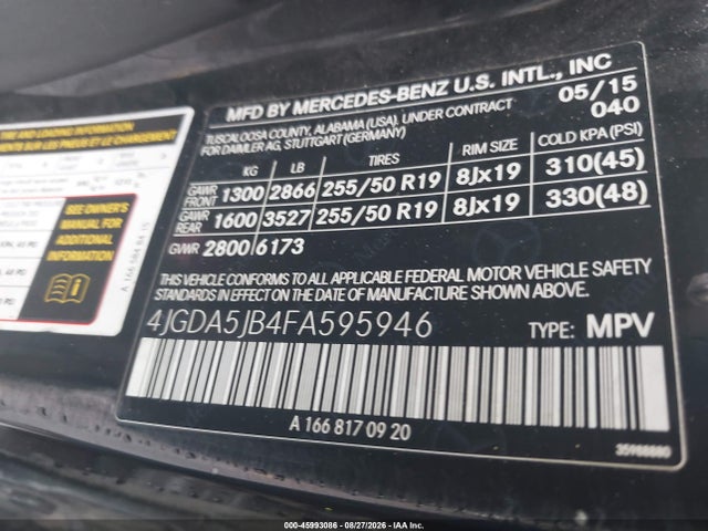 45993086 :رقم المزاد ، 4JGDA5JB4FA595946 vin ، 2015 Mercedes-benz Ml 350 مزاد بيع